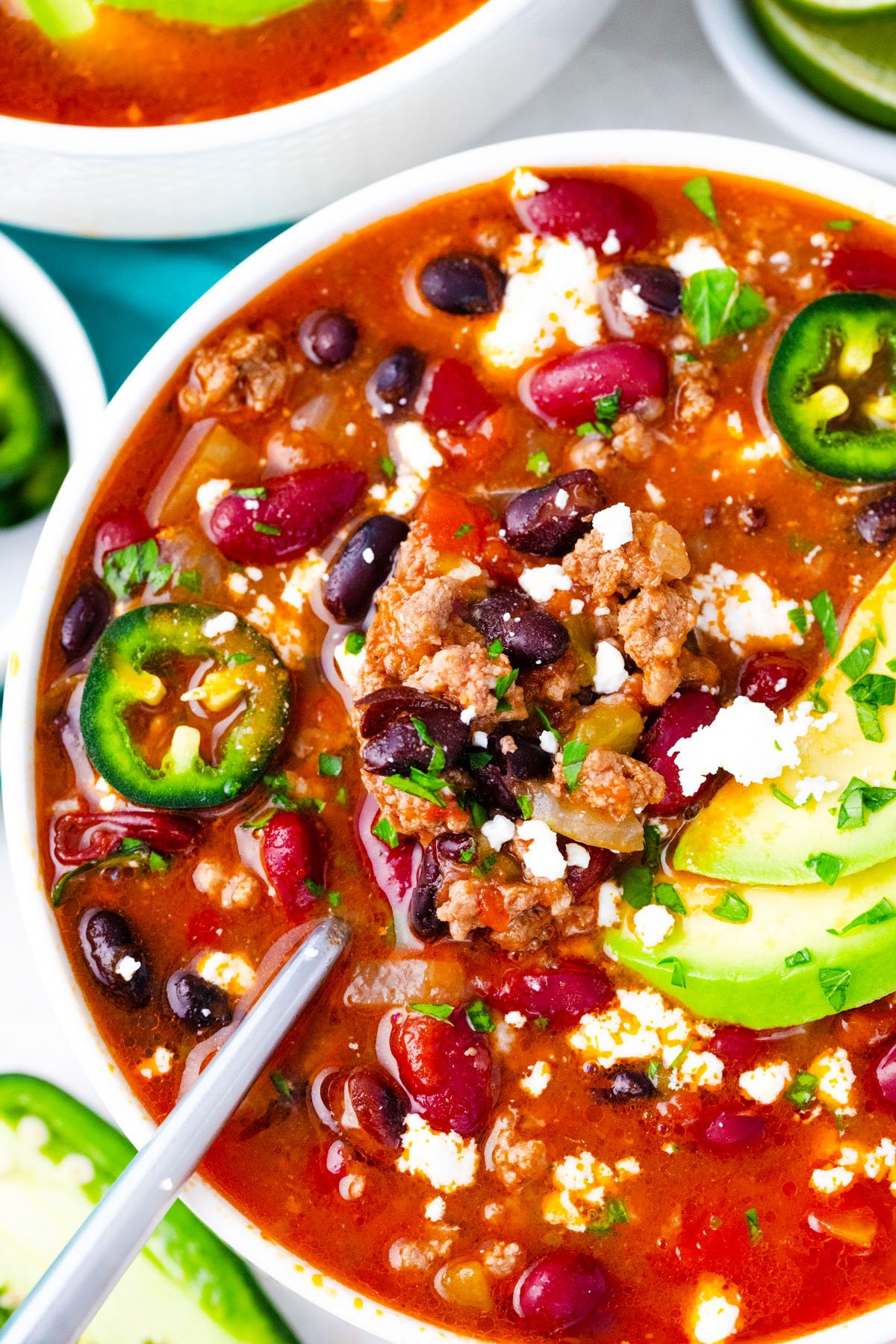 Overhead shot of a bowl of Instant Pot taco soup.