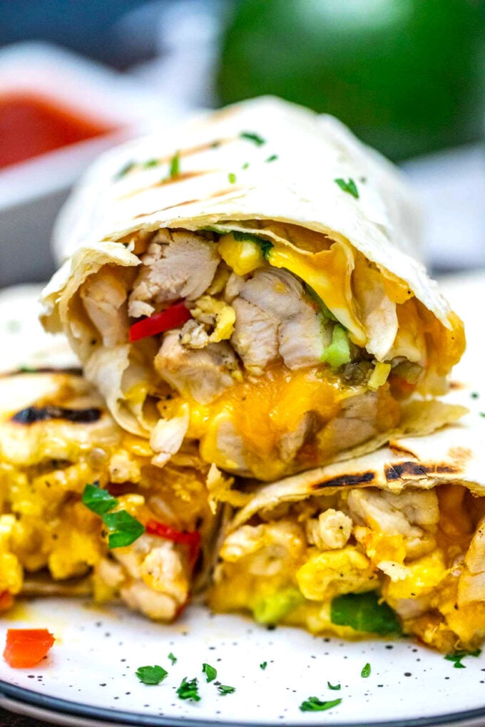 Image of California chicken breakfast burrito with avocado.