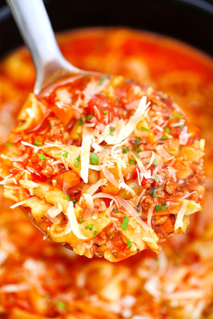 Photo of a serving of crockpot lasagna soup.