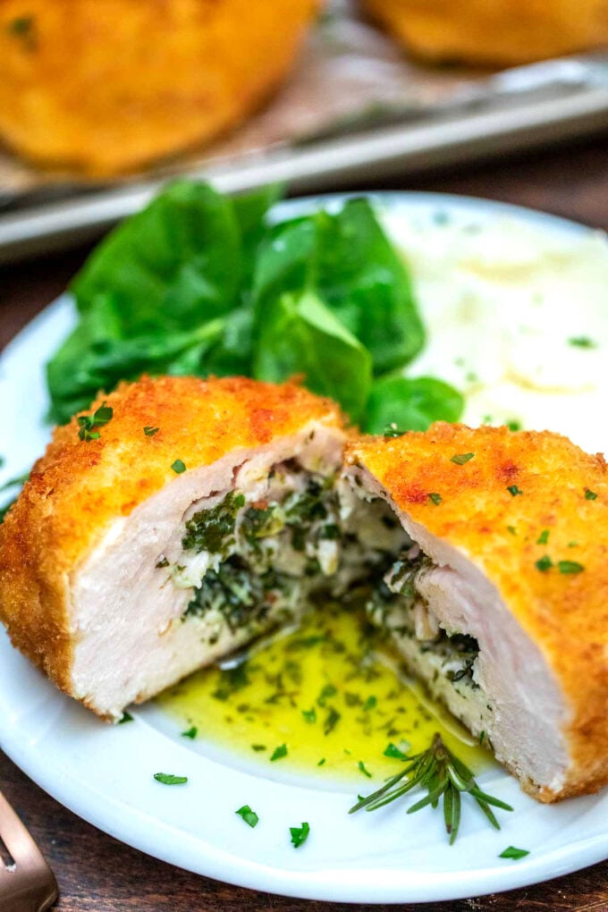 Picture of chicken Kiev with mashed potatoes.