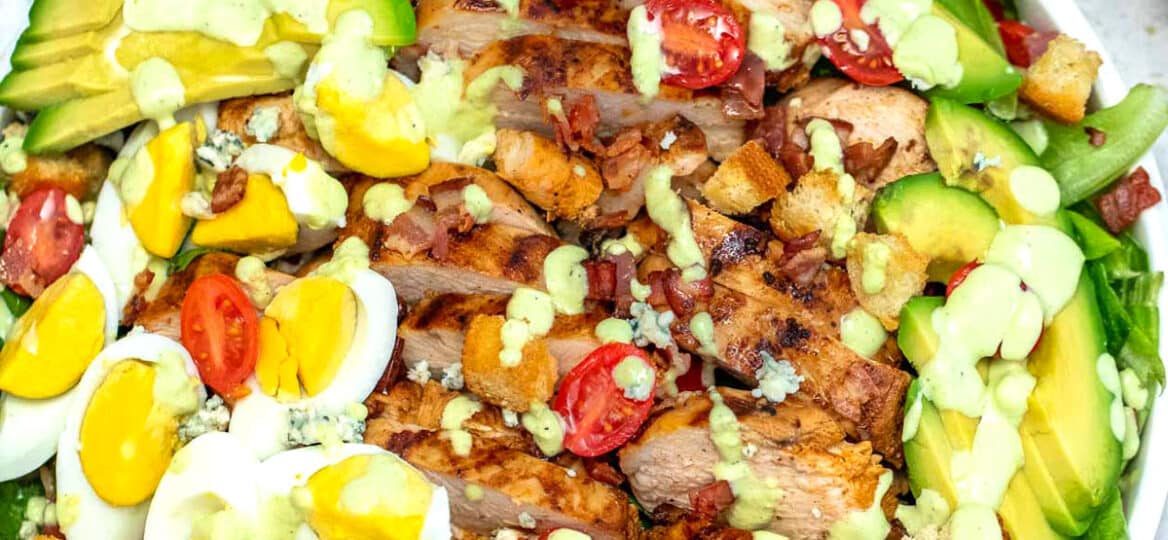 Image of homemade Cobb salad with chicken eggs avocado.