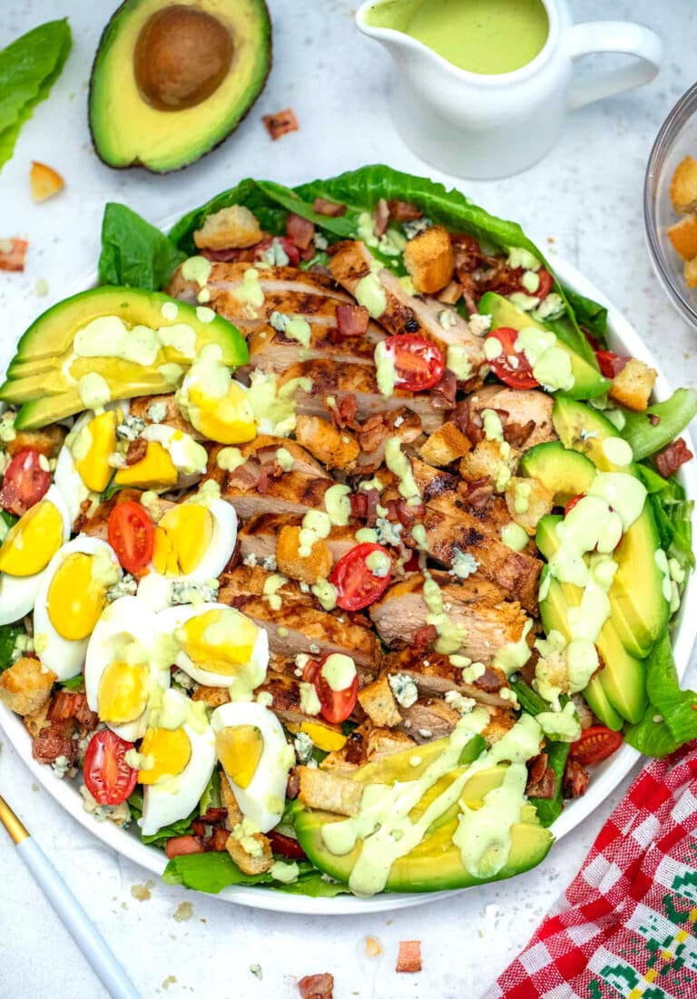 Image of homemade Cobb salad with chicken eggs avocado.