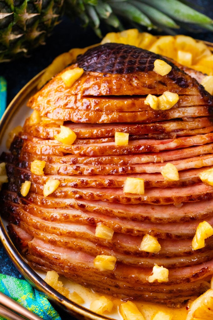Overhead shot of crockpot pineapple ham.