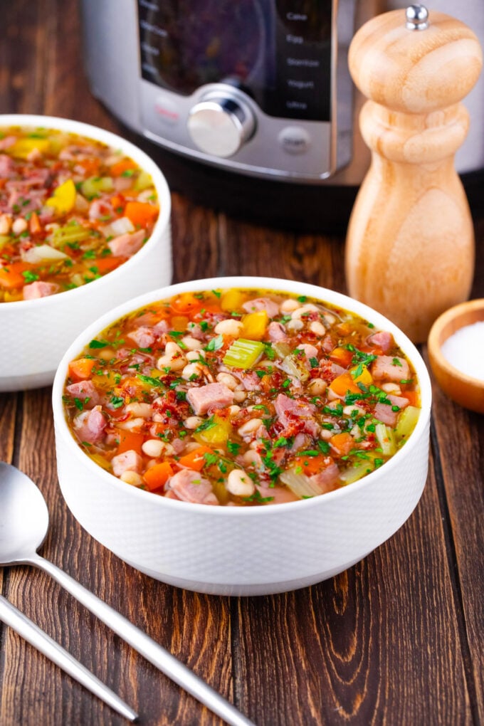 Two bowls of Instant Pot ham and bean soup.