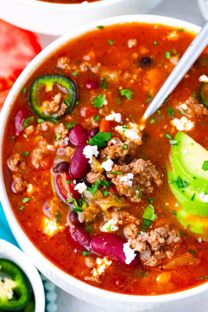 Instant Pot taco soup with beef and beans.