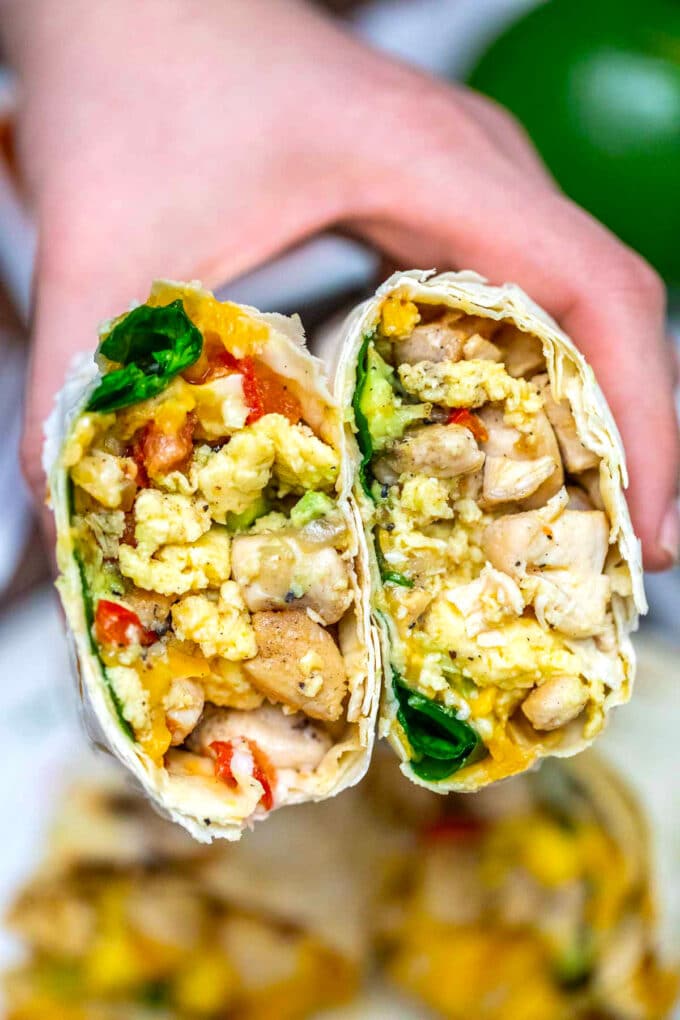 Picture of California chicken breakfast burrito with cheese and eggs.