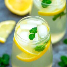 Photo of homemade lemonade with lemon slices and mint.
