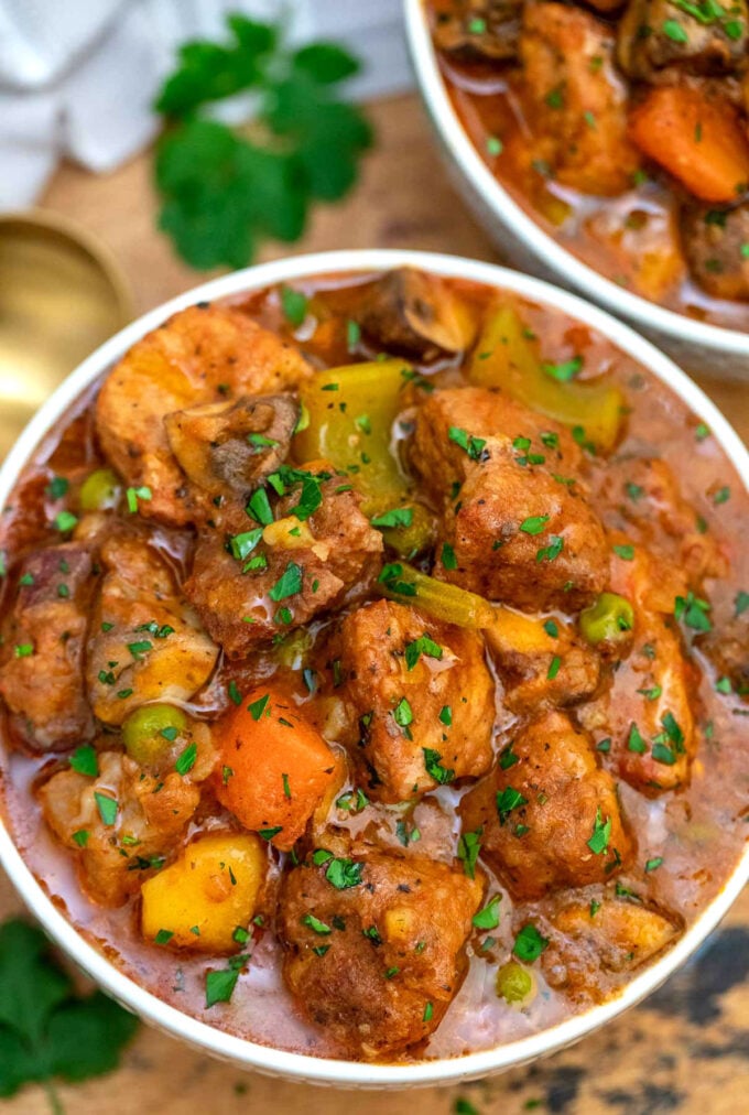 slow cooker pork stew in a bowl.