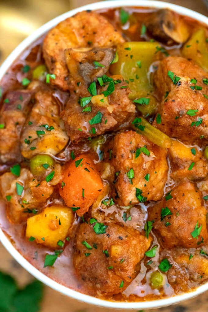 Picture of pork stew with potatoes and carrots.