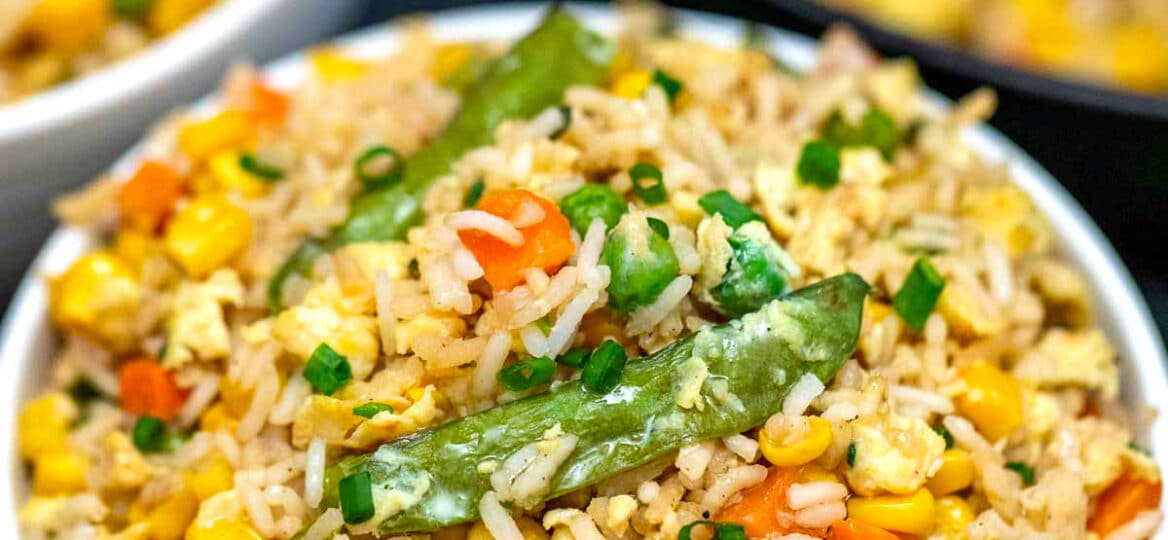 Image of homemade egg fried rice in a bowl.