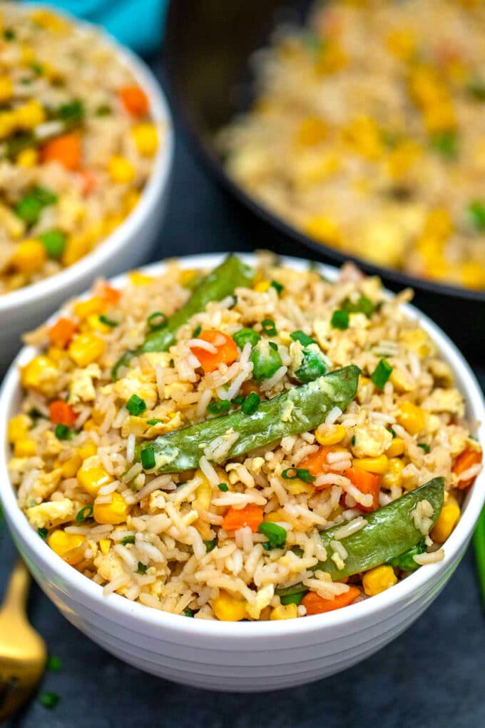 Image of homemade egg fried rice in a bowl.