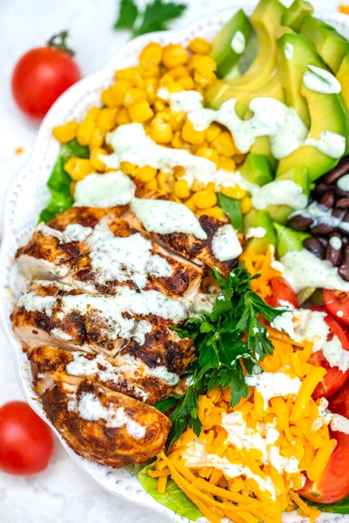 southwest salad with chicken corn avocado and cheese