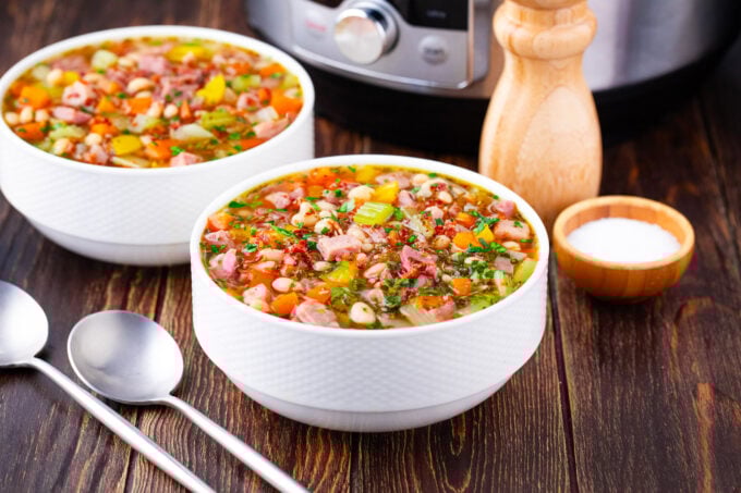 Bowls of homemade Instant Pot ham and bean soup.