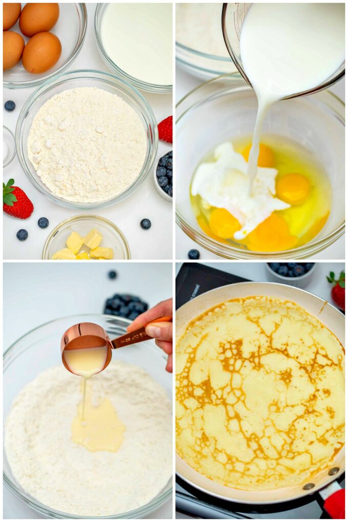 Image of crepes recipe ingredients and process steps.