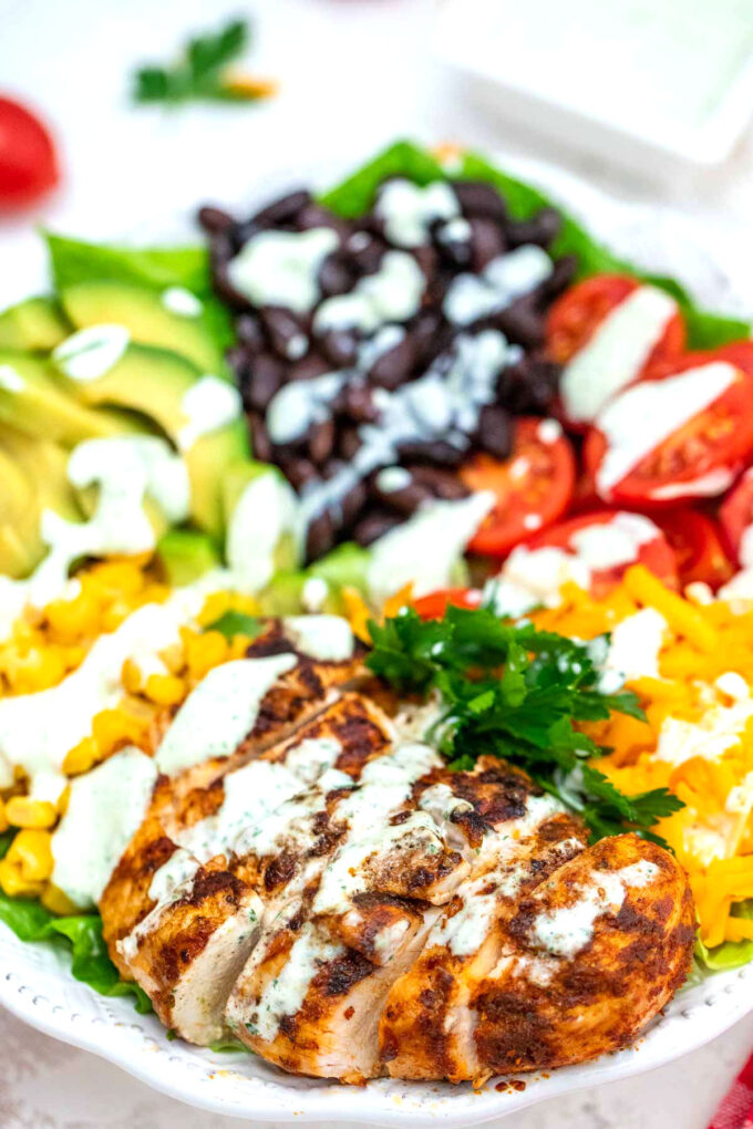 grilled chicken southwest salad with corn beans tomatoes avocado and cheese.