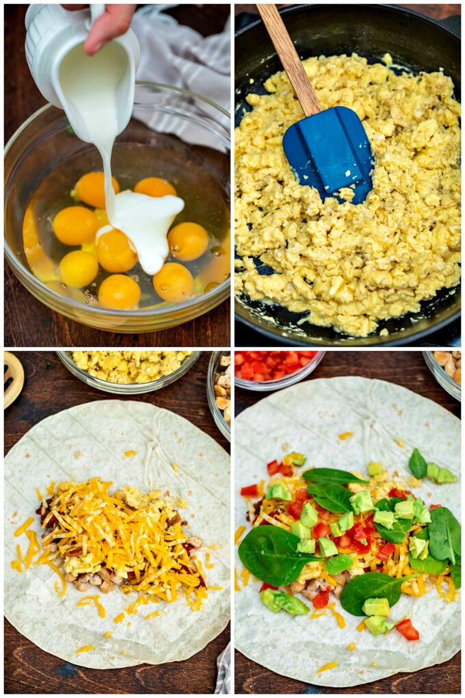 Photo of how to make California chicken breakfast burrito.