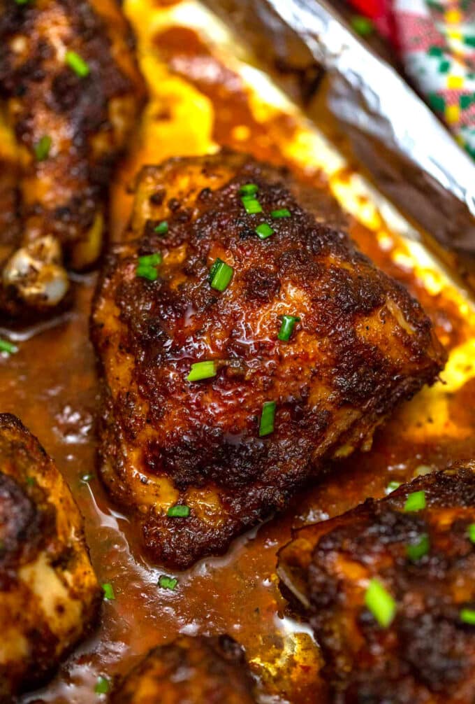 perfectly browned baked Jamaican jerk chicken thighs