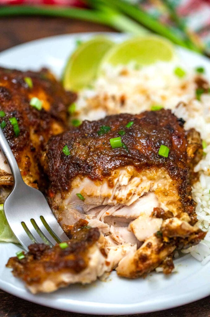 Image of homemade jerk chicken and rice.