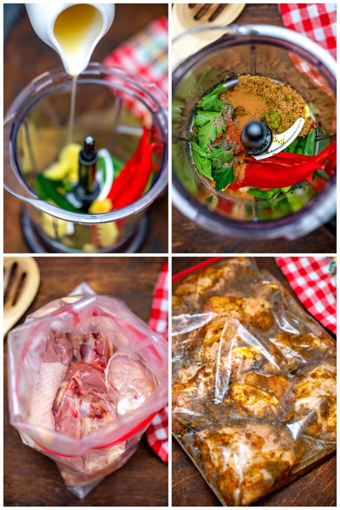 collage of photos showing the steps of how to make jerk chicken marinade