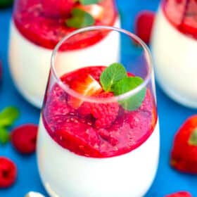 Image of Panna Cotta with raspberry sauce.