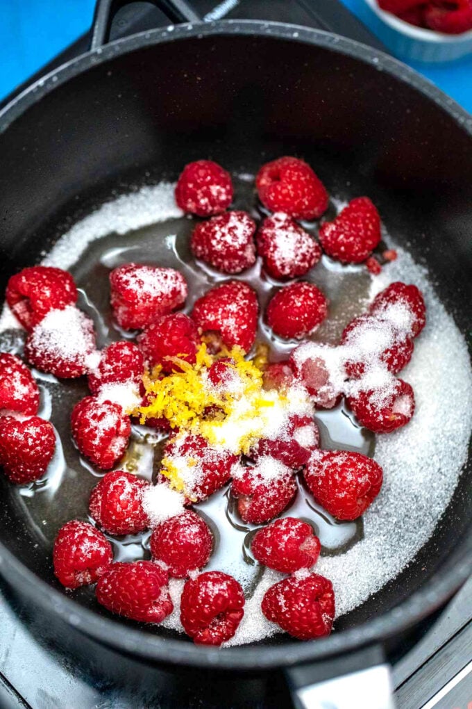Photo of ingredients for raspberry sauce.