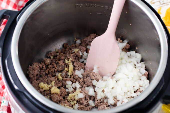 Searing ground beef, onion, and garlic, in the Instant Pot.
