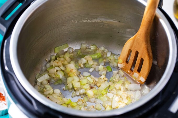 Sauteing onion and garlic in the Instant Pot.