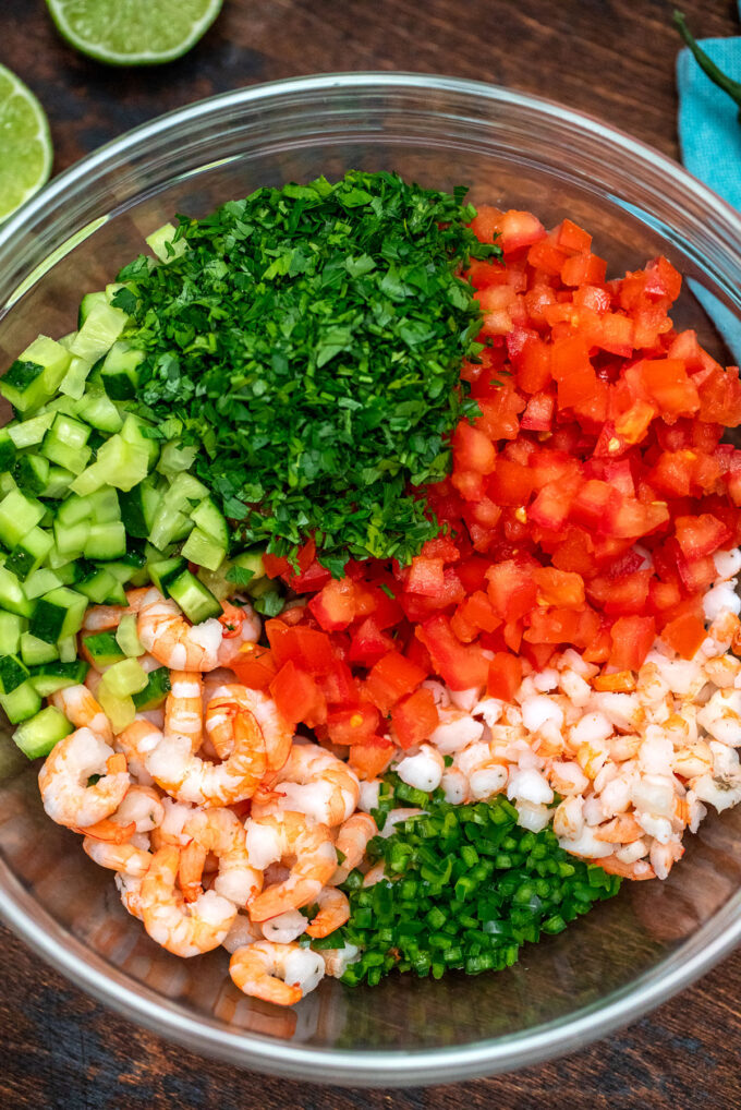 Picture of shrimp ceviche ingredients.