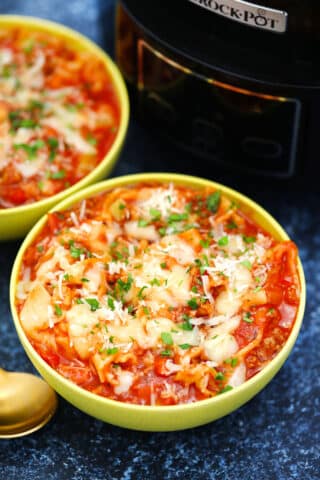 Image of two bowl of lasagna soup.