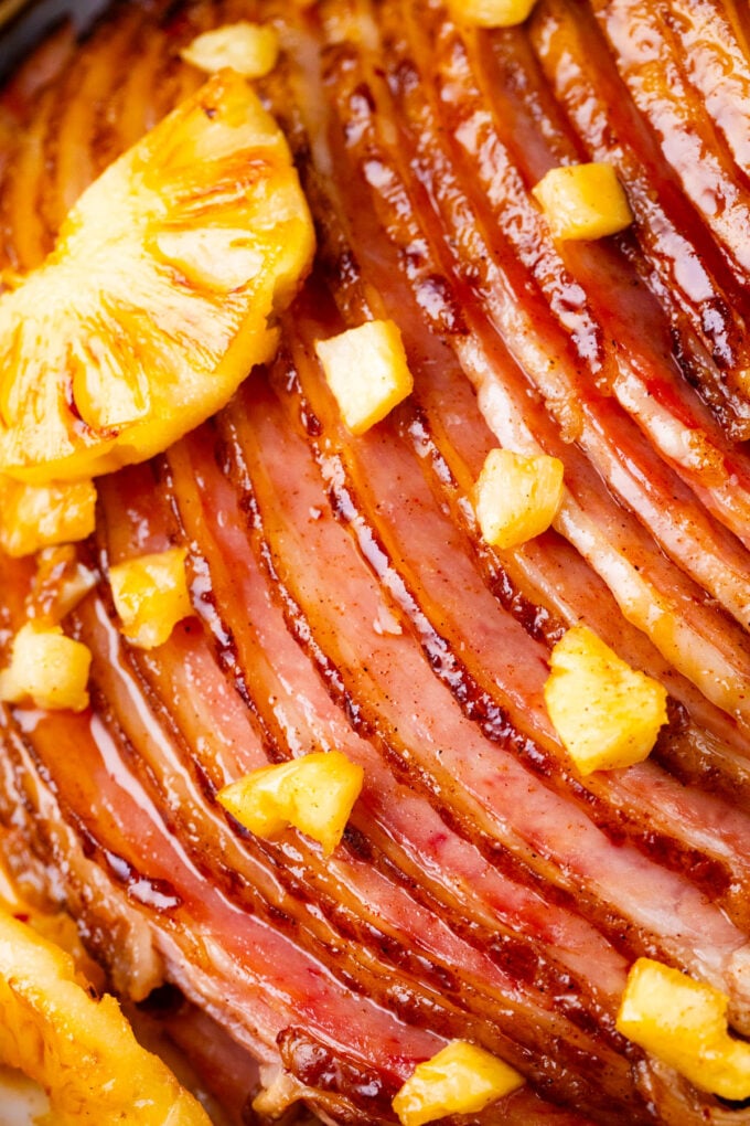 Close shot of perfectly cooked slow cooker pineapple ham.