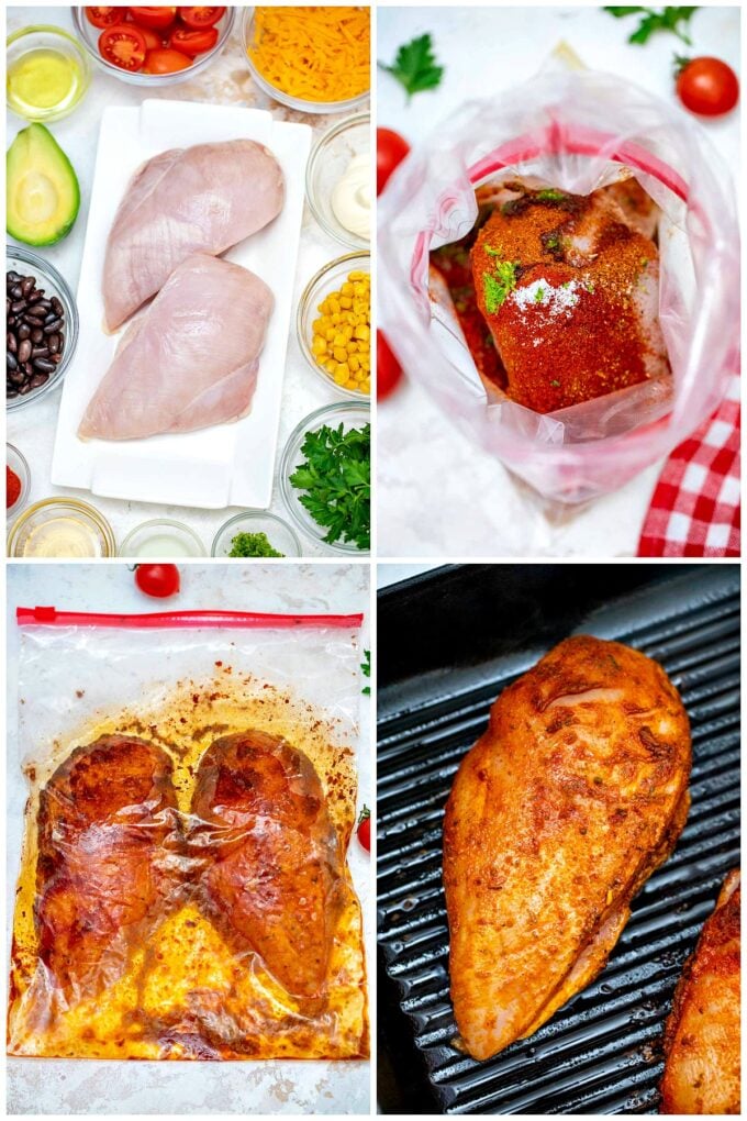 collage showing the southwest salad ingredients and how to marinate and grill chicken breasts