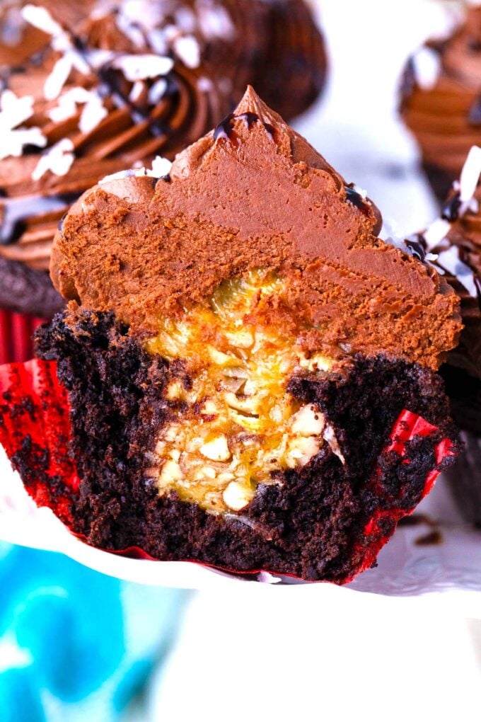 The coconut-pecan center of a German chocolate cupcake.