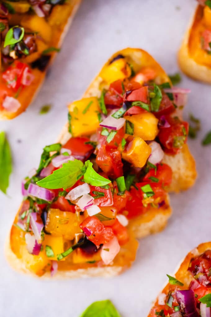Colorful and vibrant Italian tomato bruschetta.