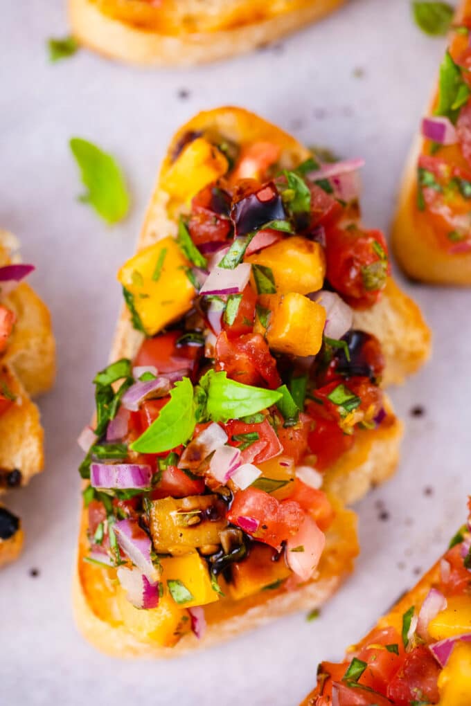 Overhead shot of summer Italian tomato bruschetta.