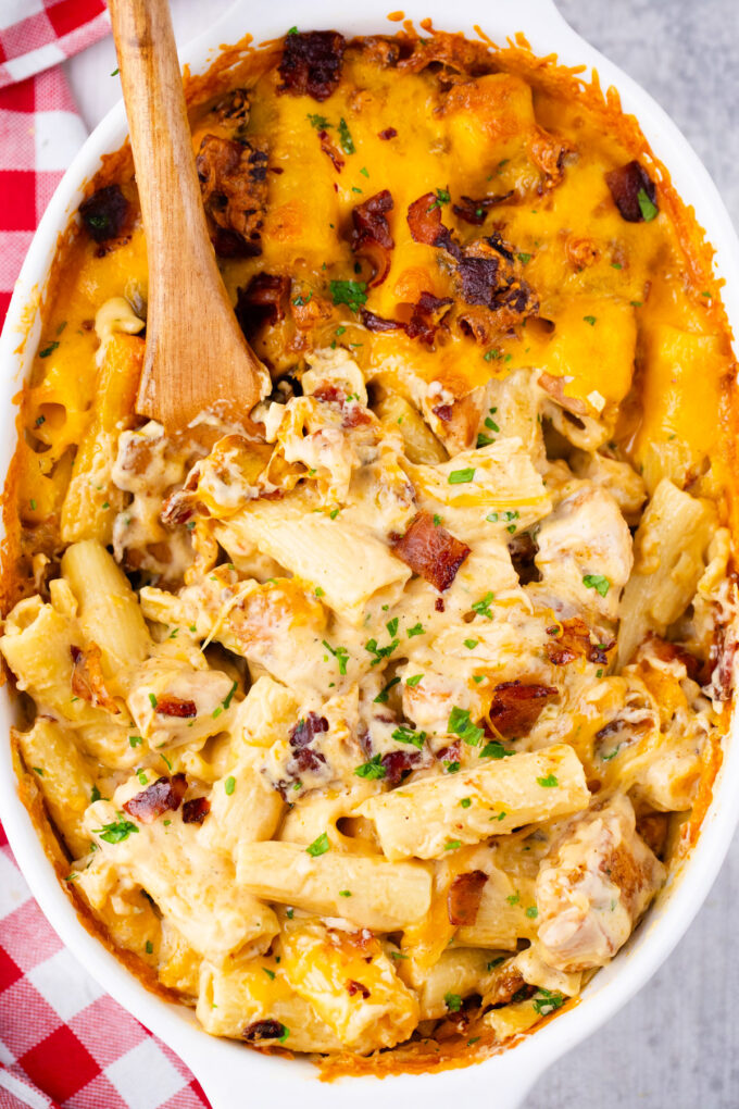 Overhead shot of cheesy bacon ranch and cheese chicken baked ziti cassserole.