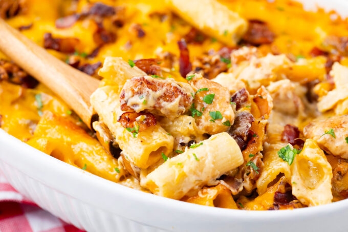 Homemade bacon ranch and cheese chicken baked ziti casserole.