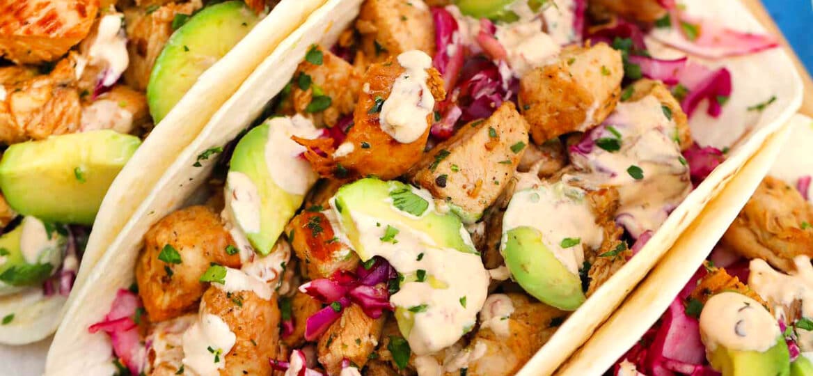 Photo of chipotle chicken tacos with chipotle cream.
