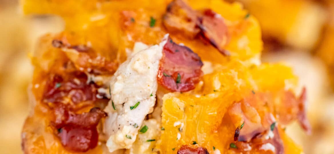 Image of crack chicken baked ziti with bacon.