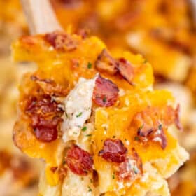 Image of crack chicken baked ziti with bacon.