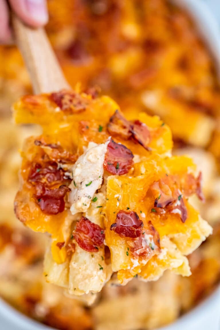 Image of crack chicken baked ziti with bacon.