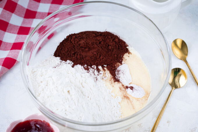 Dry ingredients for instant pot chocolate muffins.