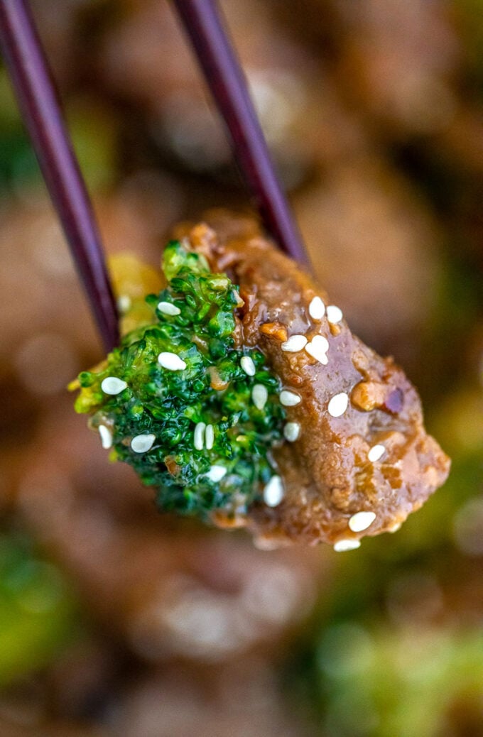 Photo of teriyaki beef and broccoli.