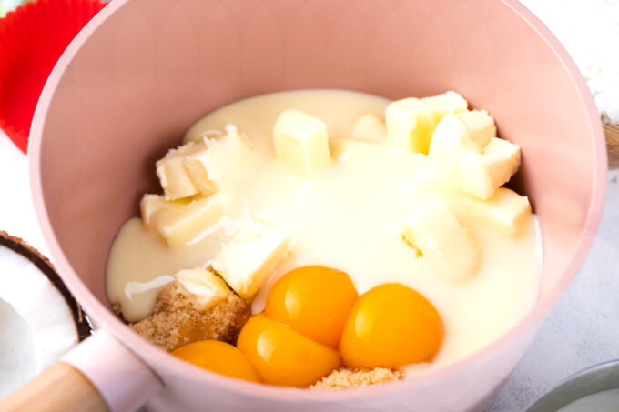 Eggs, sugar, and butter in a saucepan.