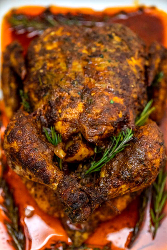 Perfectly roasted whole garlic butter chicken.