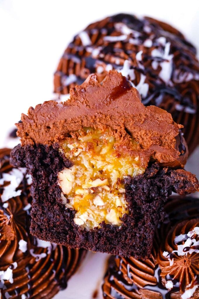 German chocolate cupcakes with coconut-pecan filling and chocolate cream cheese frosting.