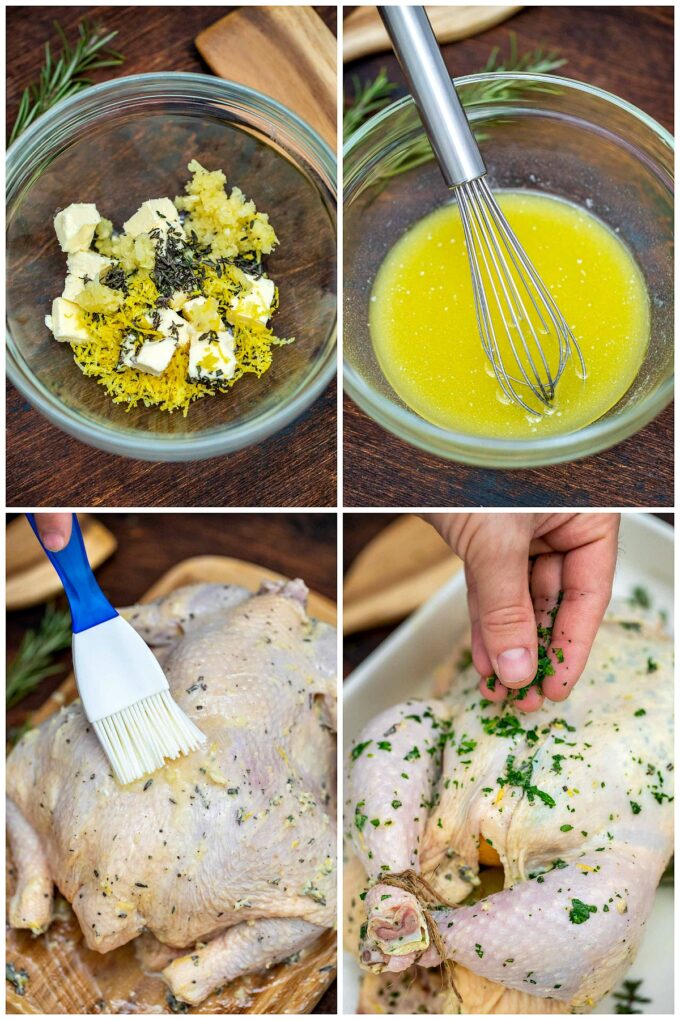 Collage of steps on how to make garlic butter roasted chicken.