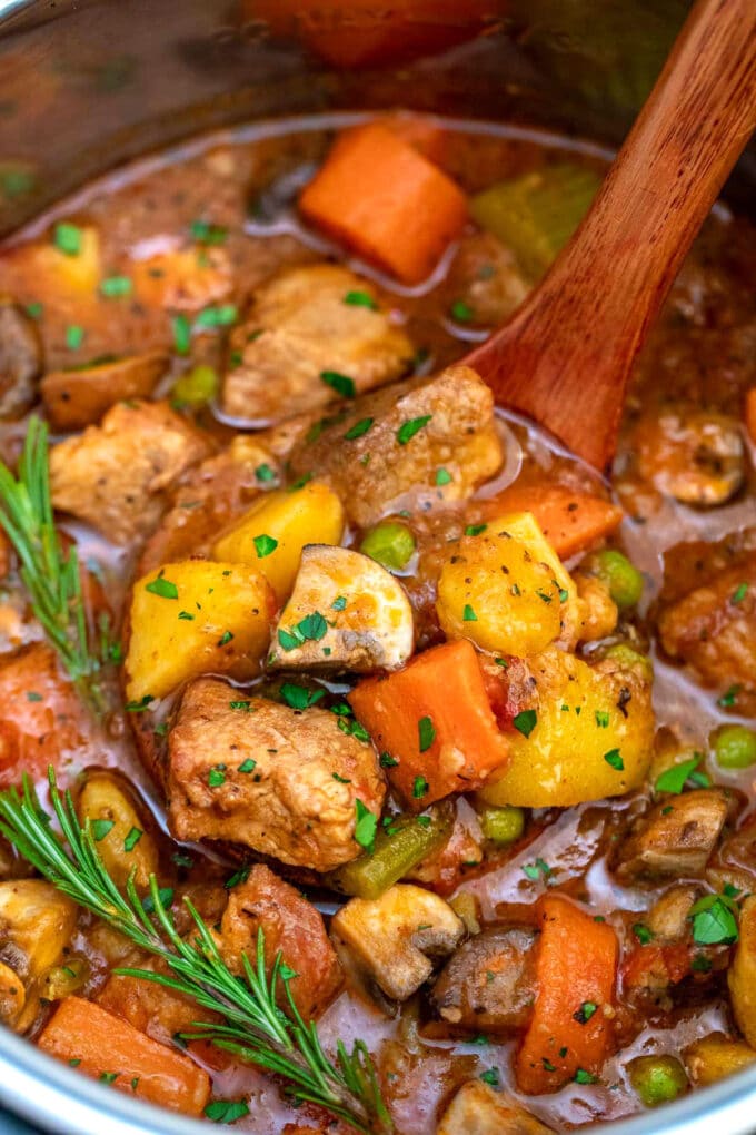 a ladle in instant pot pork stew with veggies and potatoes