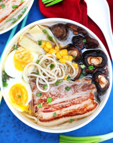 Picture of homemade Tonkotsu ramen with chashu pork belly and soft boiled eggs.