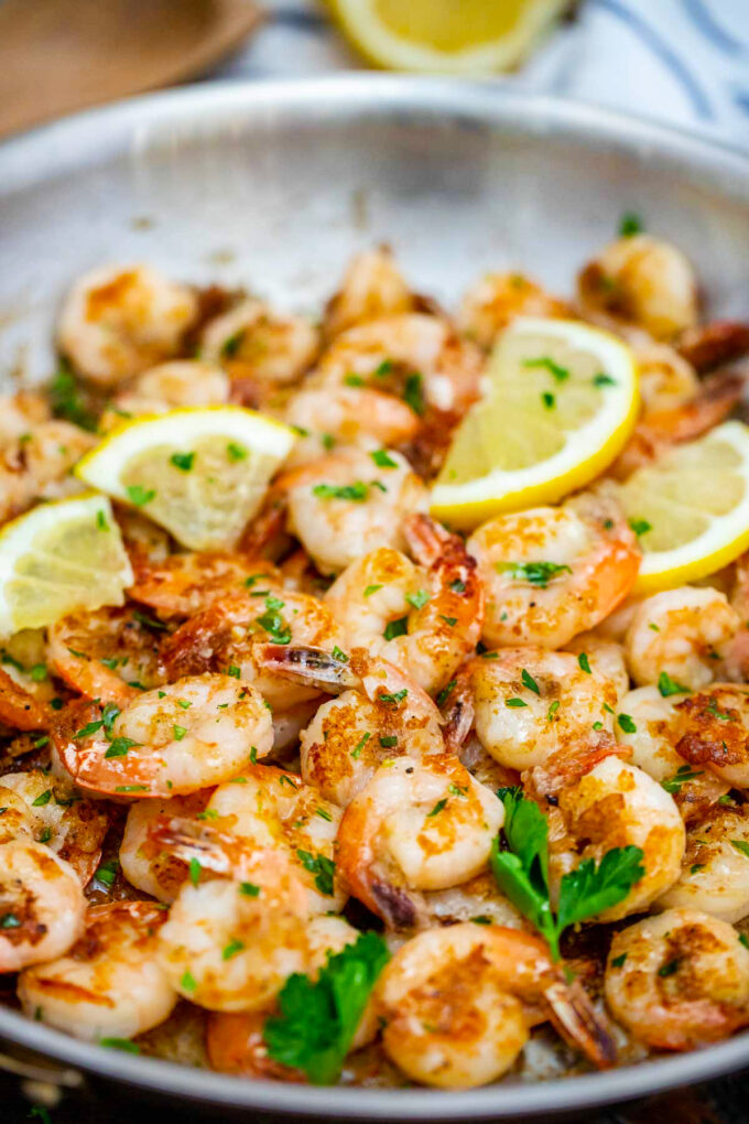 A pan of crispy lemon pepper shrimp.