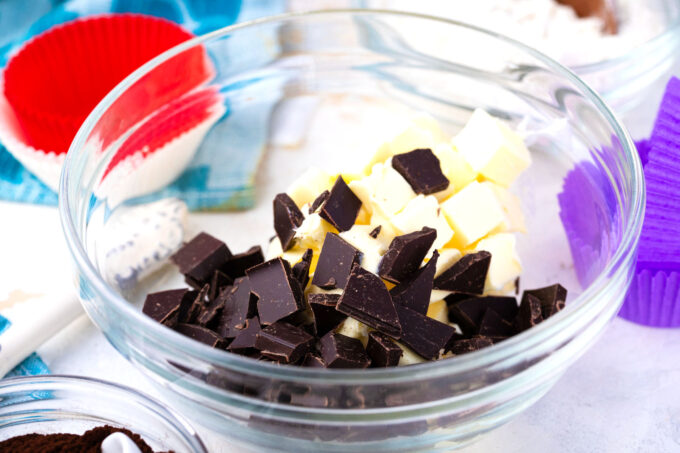 Chopped chocolate in a bowl.